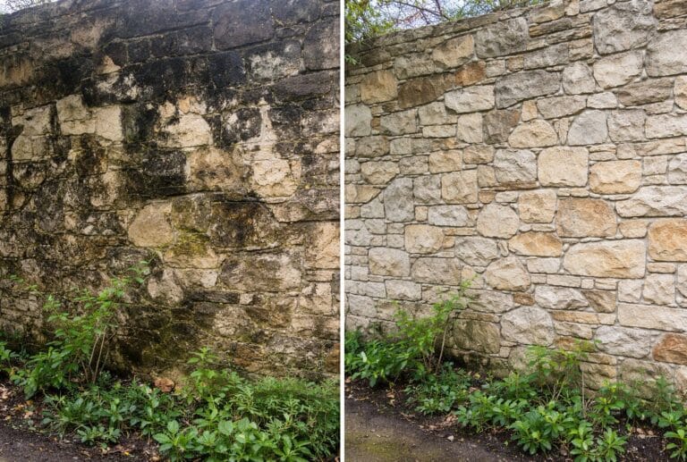 Stone Wall Before and After Power Washing
